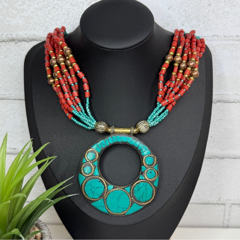 Vintage 70s Tibetan Style Turquoise Howlite Brass Medallion Faux Coral Necklace